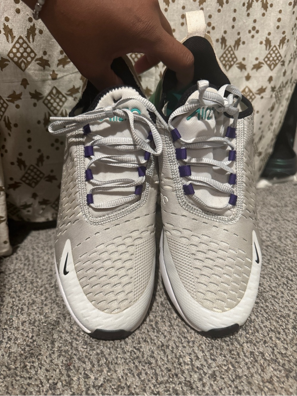 Nike Kids Neutral Gray Sneakers with Purple and Teal Accents